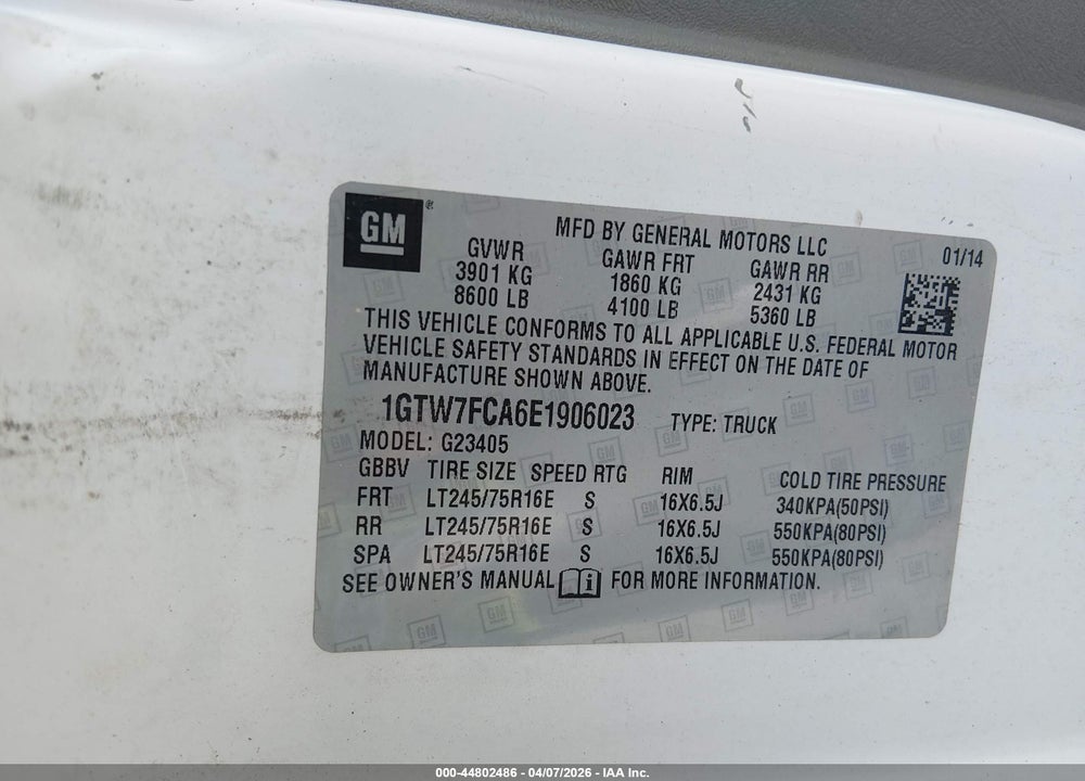 2014 GMC SAVANA 2500 WORK VAN VIN: 1GTW7FCA6E1906023