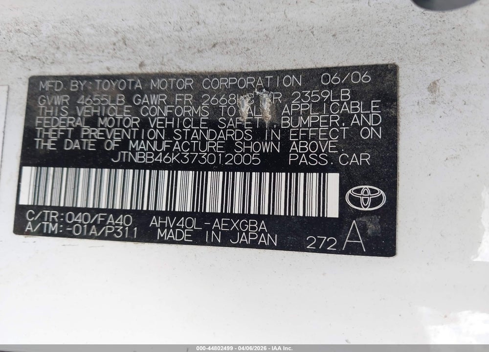 2007 TOYOTA CAMRY HYBRID VIN: JTNBB46K373012005