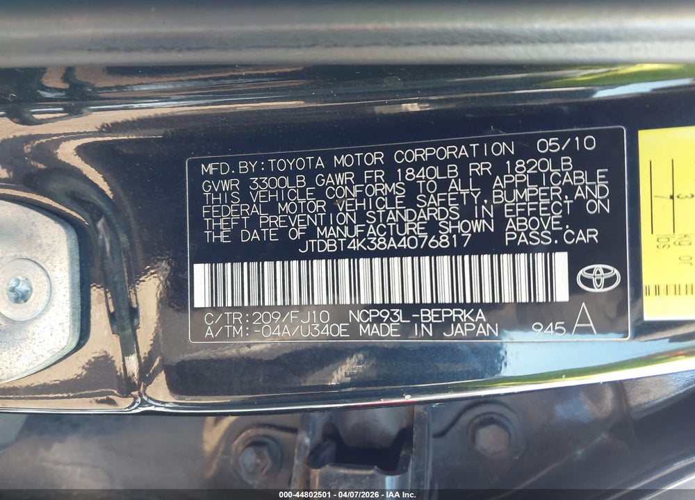 2010 TOYOTA YARIS VIN: JTDBT4K38A4076817