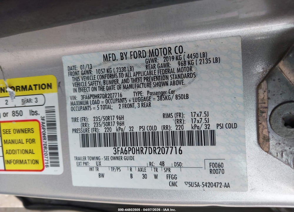 2013 FORD FUSION SE VIN: 3FA6P0HR7DR207716