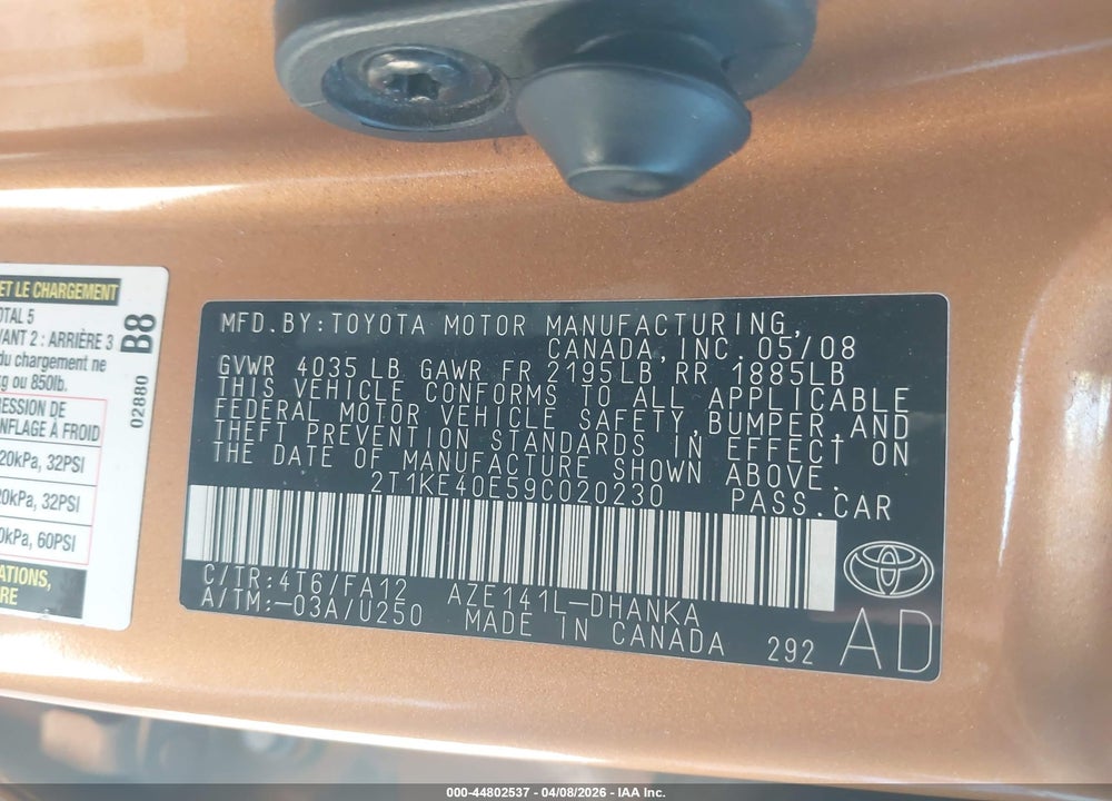 2009 TOYOTA MATRIX S VIN: 2T1KE40E59C020230