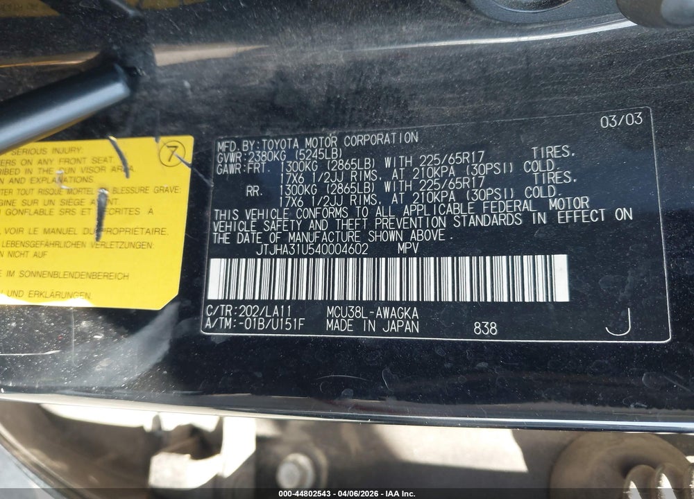 2004 LEXUS RX 330 VIN: JTJHA31U540004602