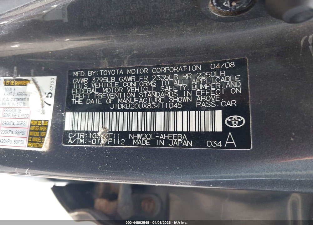 2008 TOYOTA PRIUS VIN: JTDKB20UX83411045