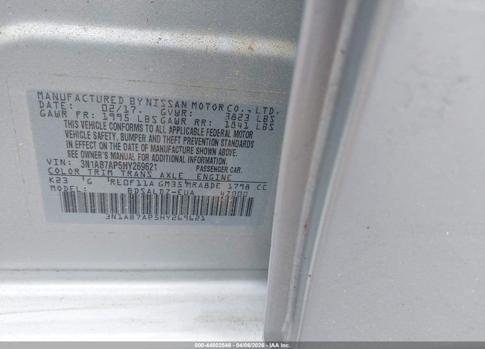 2017 NISSAN SENTRA SV VIN: 3N1AB7AP5HY269621