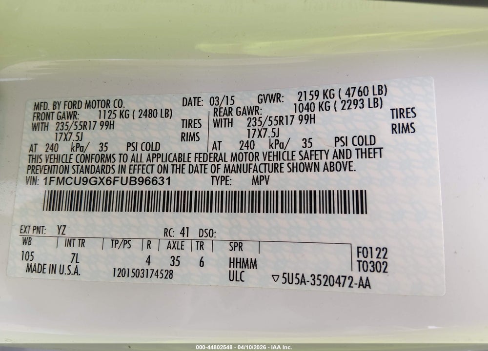2015 FORD ESCAPE SE VIN: 1FMCU9GX6FUB96631