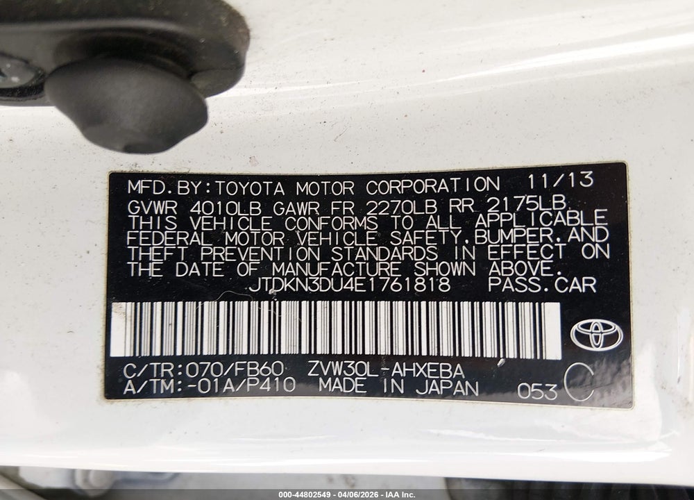 2014 TOYOTA PRIUS THREE VIN: JTDKN3DU4E1761818