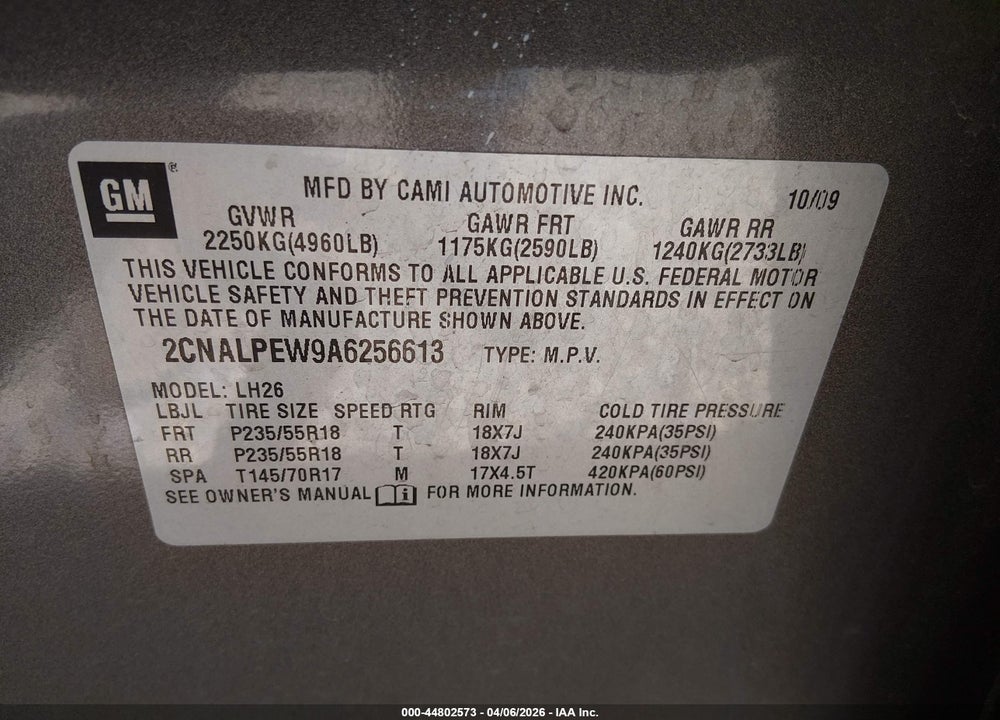 2010 CHEVROLET EQUINOX LT VIN: 2CNALPEW9A6256613