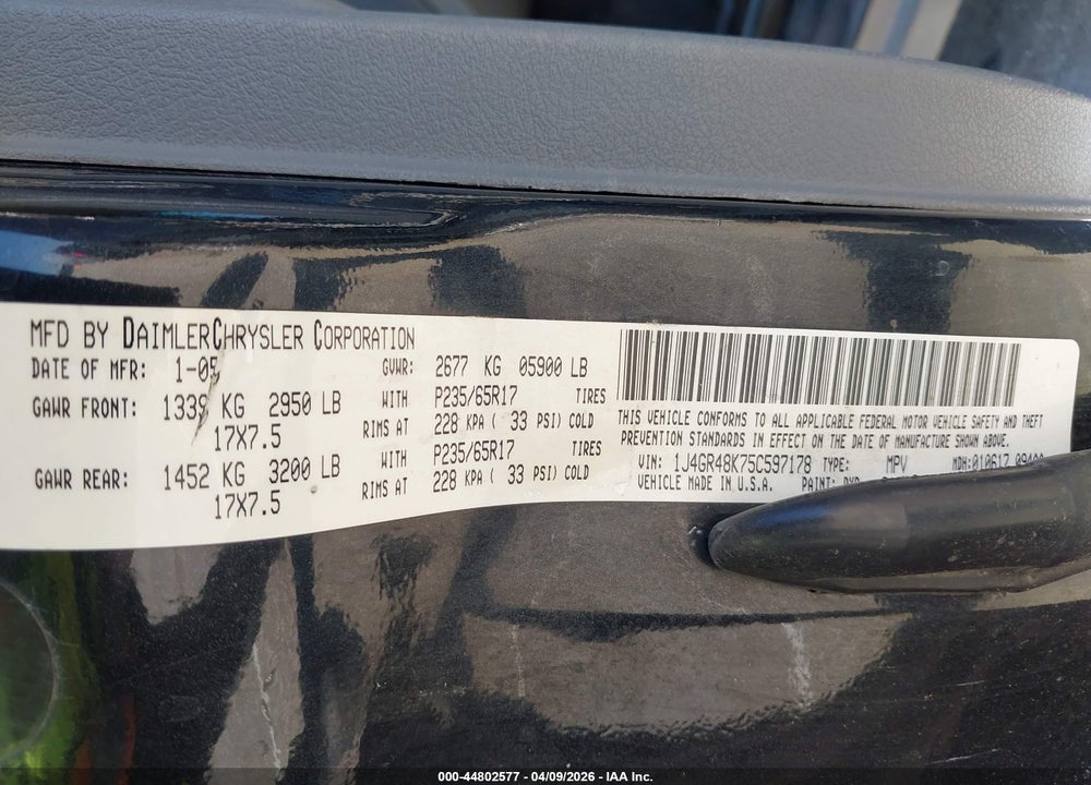 2005 JEEP GRAND CHEROKEE LAREDO VIN: 1J4GR48K75C597178