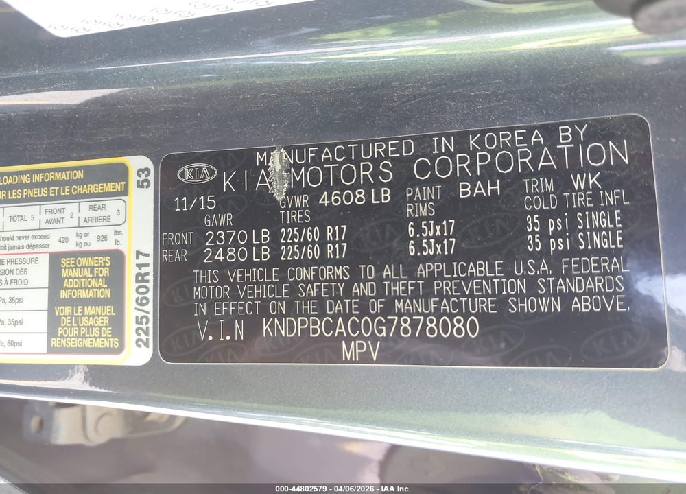 2016 KIA SPORTAGE LX VIN: KNDPBCAC0G7878080
