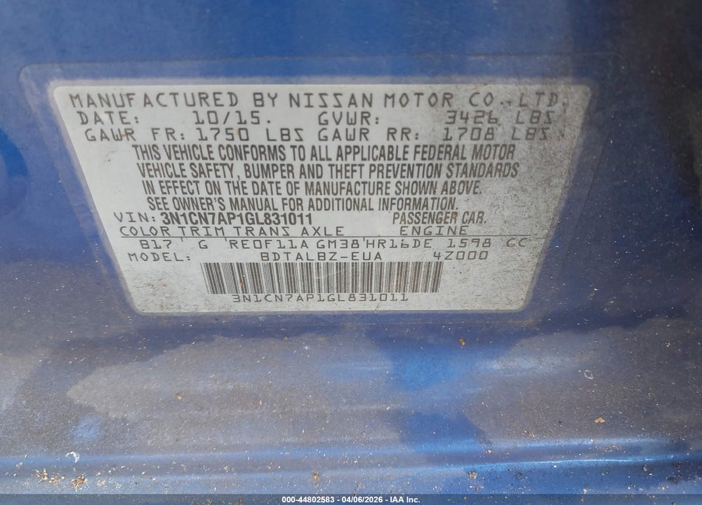 2016 NISSAN VERSA VIN: 3N1CN7AP1GL831011