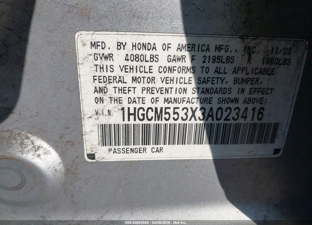 2003 HONDA ACCORD 2.4 LX VIN: 1HGCM553X3A023416