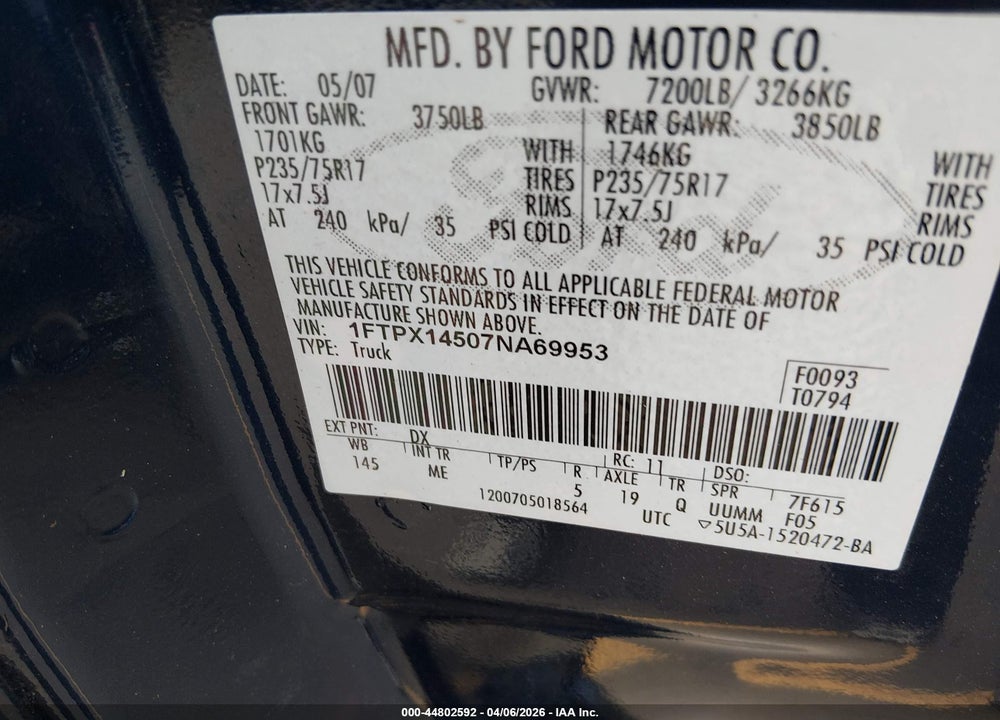 2007 FORD F-150 FX4/LARIAT/XL/XLT VIN: 1FTPX14507NA69953