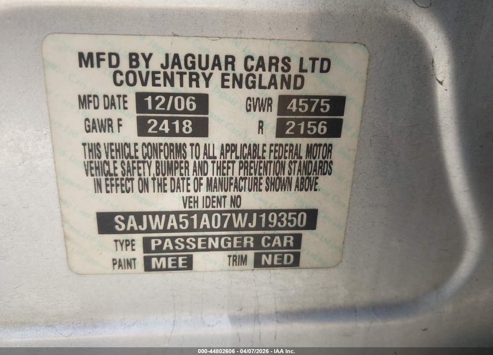 2007 JAGUAR X-TYPE 3.0 VIN: SAJWA51A07WJ19350