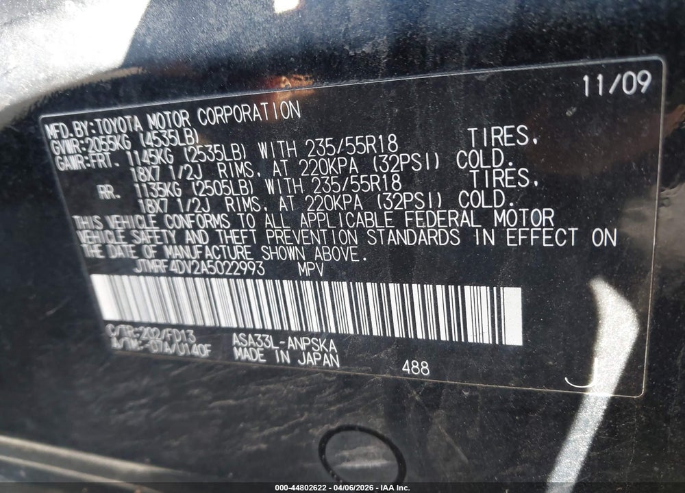 2010 TOYOTA RAV4 SPORT VIN: JTMRF4DV2A5022993