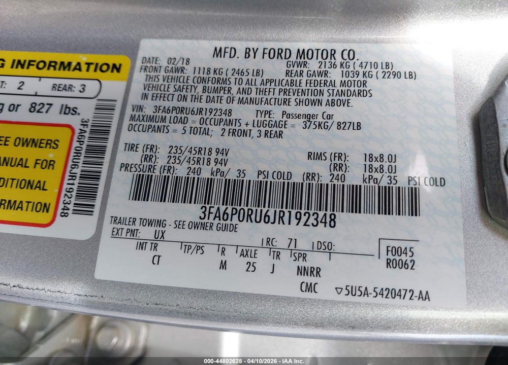 2018 FORD FUSION HYBRID TITANIUM VIN: 3FA6P0RU6JR192348