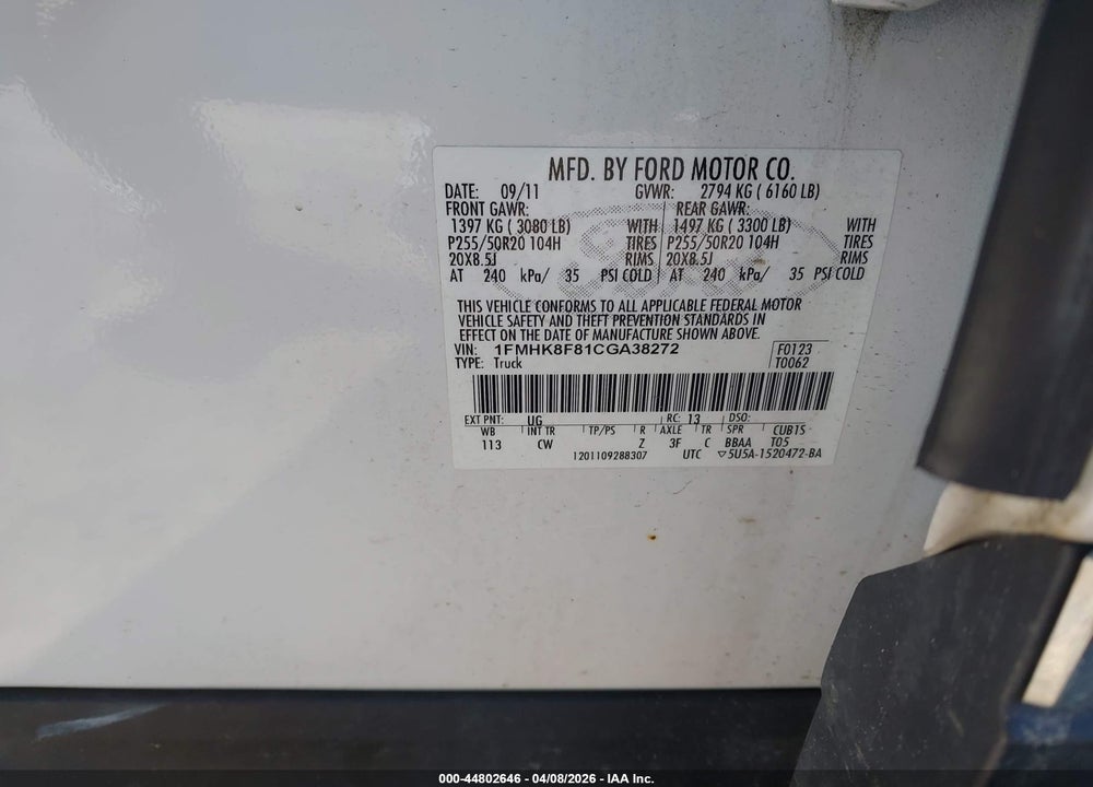 2012 FORD EXPLORER LIMITED VIN: 1FMHK8F81CGA38272