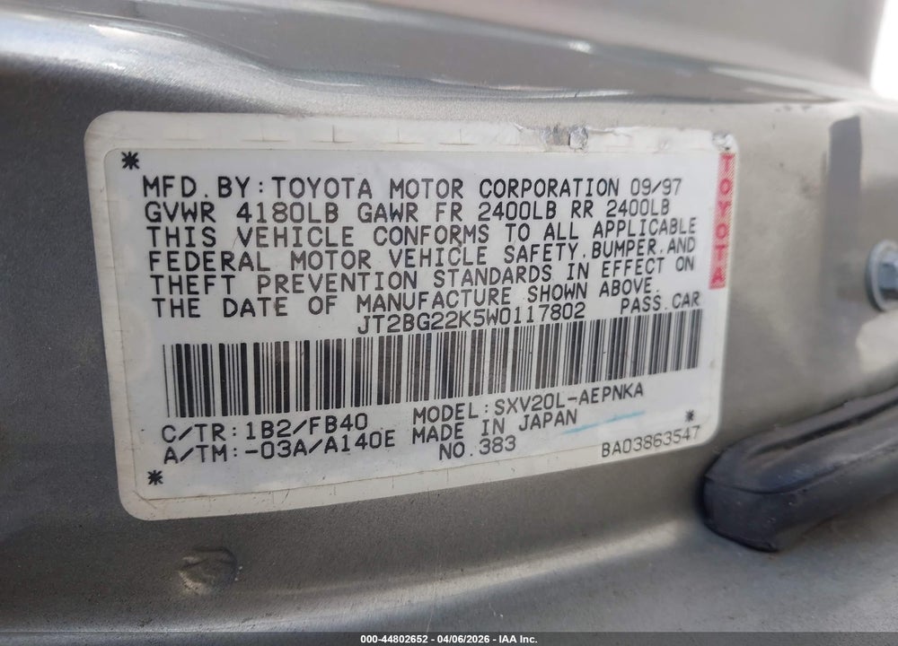 1998 TOYOTA CAMRY LE VIN: JT2BG22K5W0117802