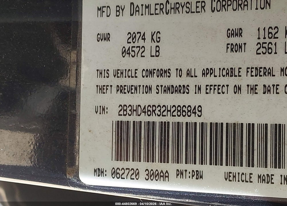 2002 DODGE INTREPID SE VIN: 2B3HD46R32H286849