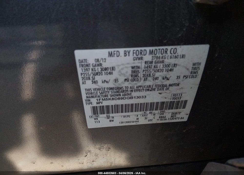 2013 FORD EXPLORER XLT VIN: 1FM5K8D89DGB13033