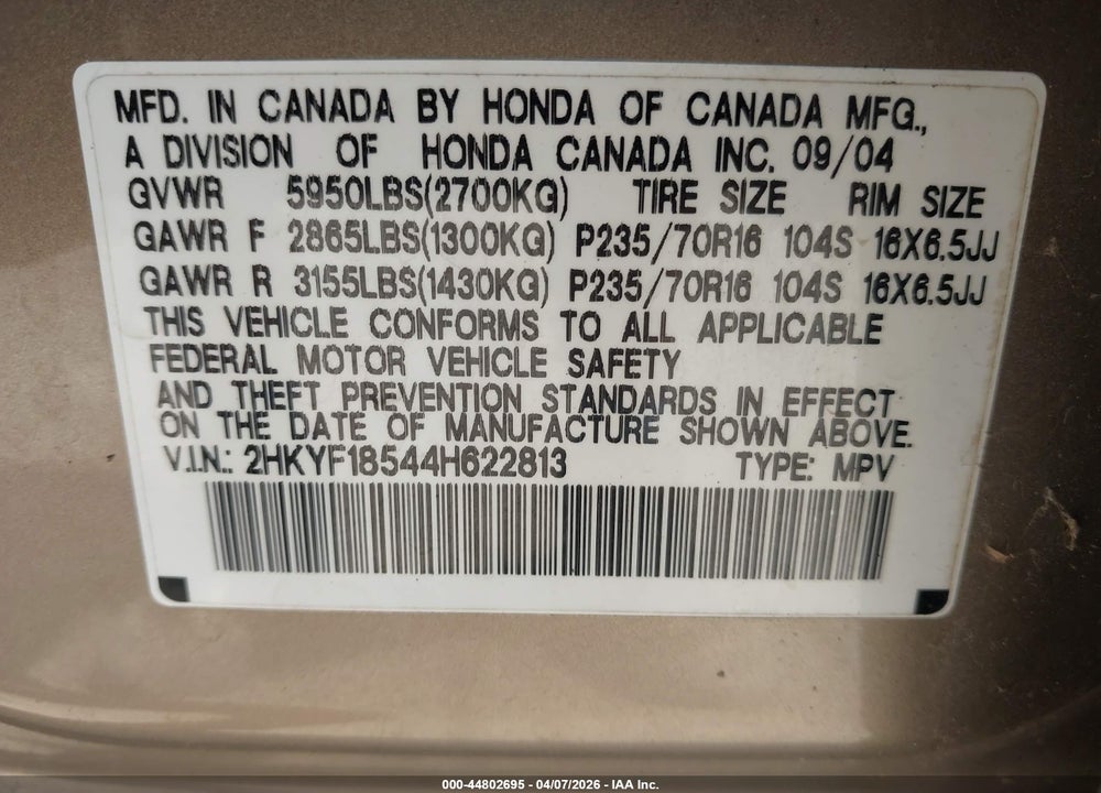 2004 HONDA PILOT EX-L VIN: 2HKYF18544H622813