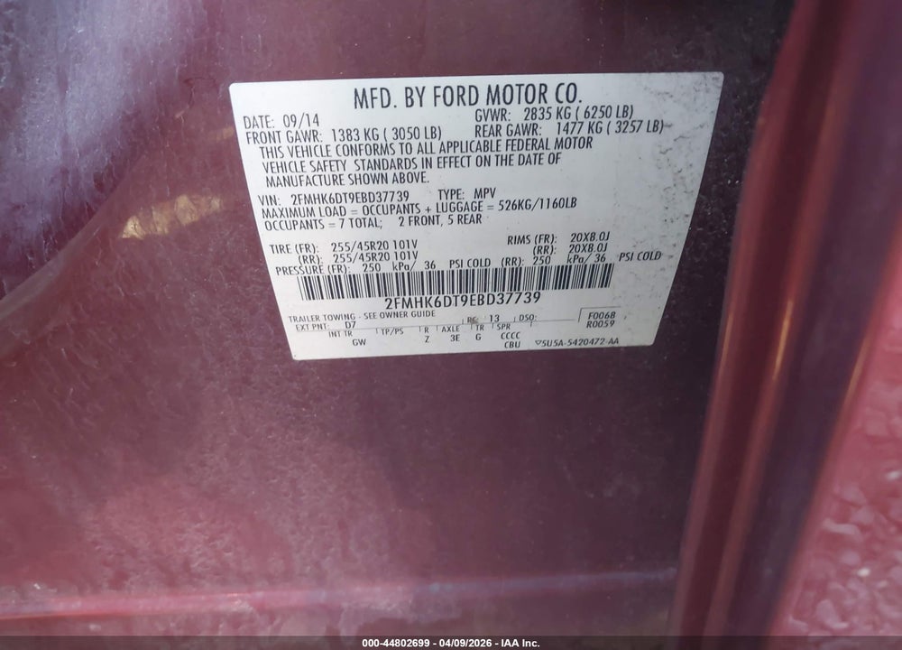 2014 FORD FLEX LIMITED VIN: 2FMHK6DT9EBD37739