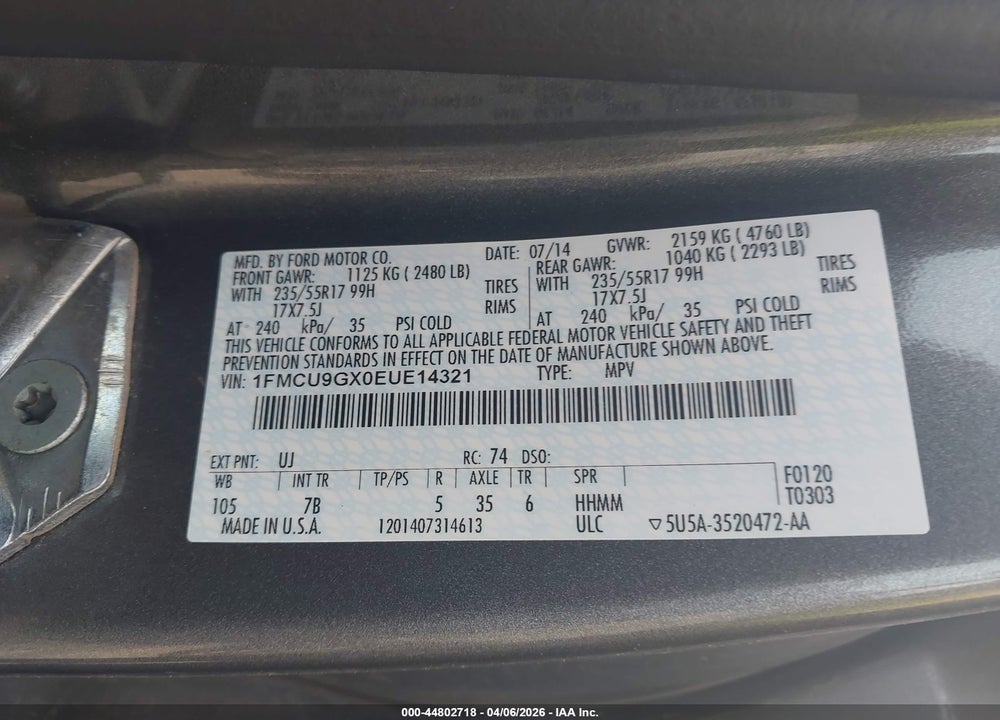 2014 FORD ESCAPE SE VIN: 1FMCU9GX0EUE14321