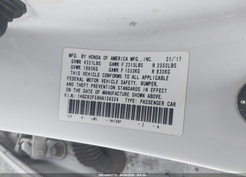 2017 HONDA ACCORD SPORT VIN: 1HGCR2F58HA156554