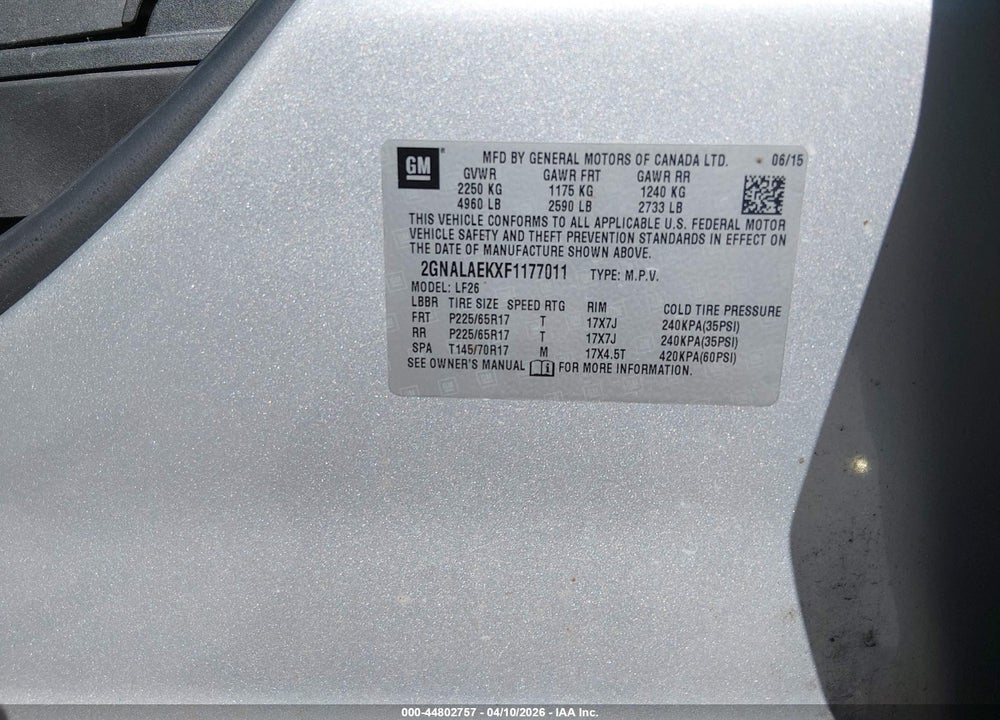 2015 CHEVROLET EQUINOX LS VIN: 2GNALAEKXF1177011