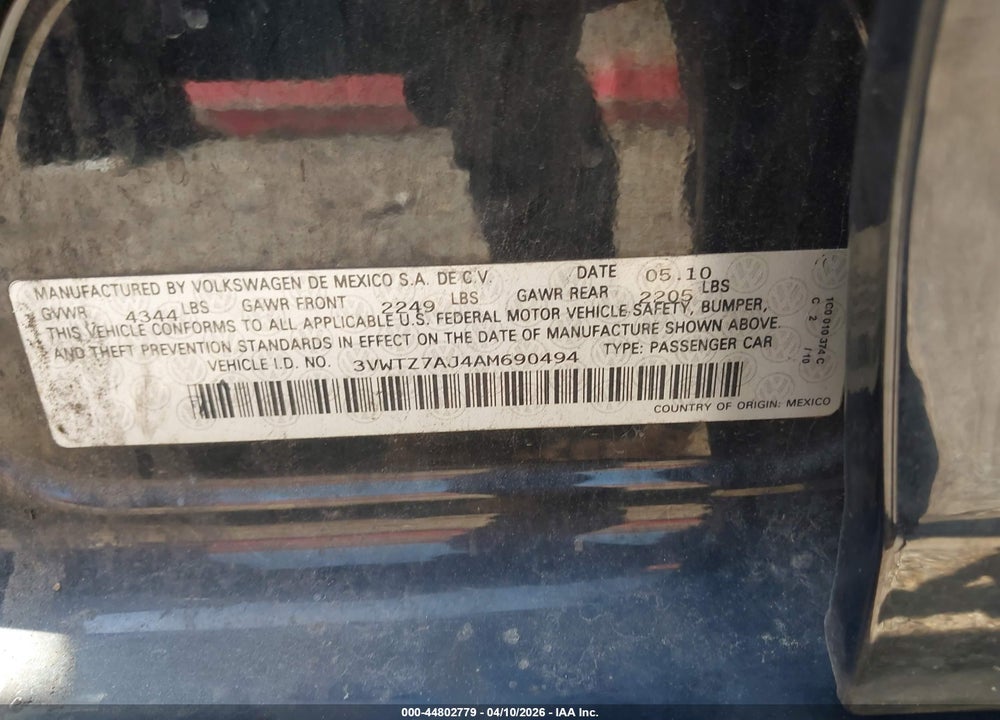 2010 VOLKSWAGEN JETTA SE VIN: 3VWTZ7AJ4AM690494