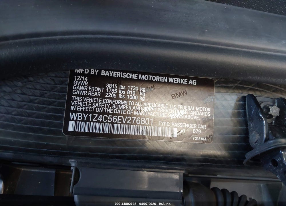 2014 BMW I3 BASE W/RANGE EXTENDER VIN: WBY1Z4C56EV276801