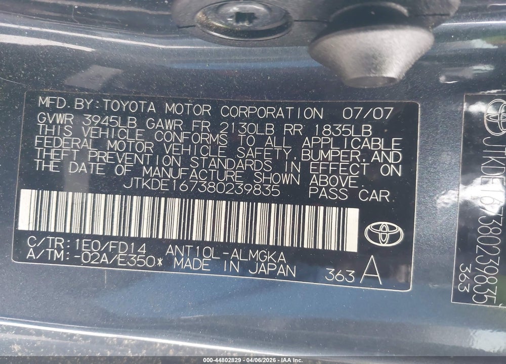 2008 SCION TC VIN: JTKDE167380239835