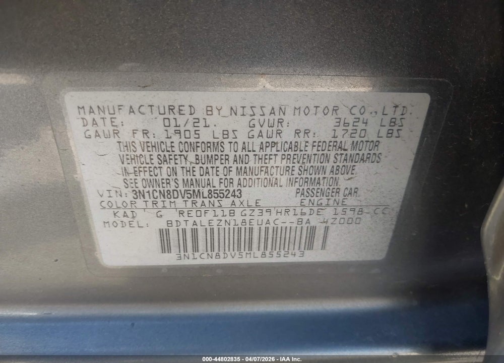2021 NISSAN VERSA S XTRONIC CVT VIN: 3N1CN8DV5ML855243