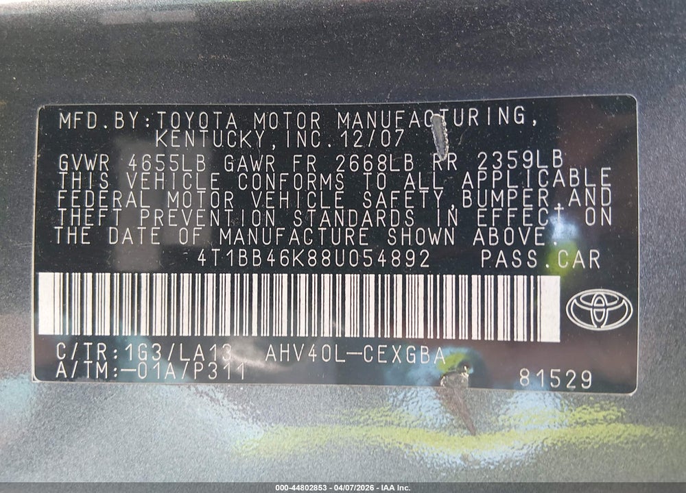 2008 TOYOTA CAMRY HYBRID VIN: 4T1BB46K88U054892