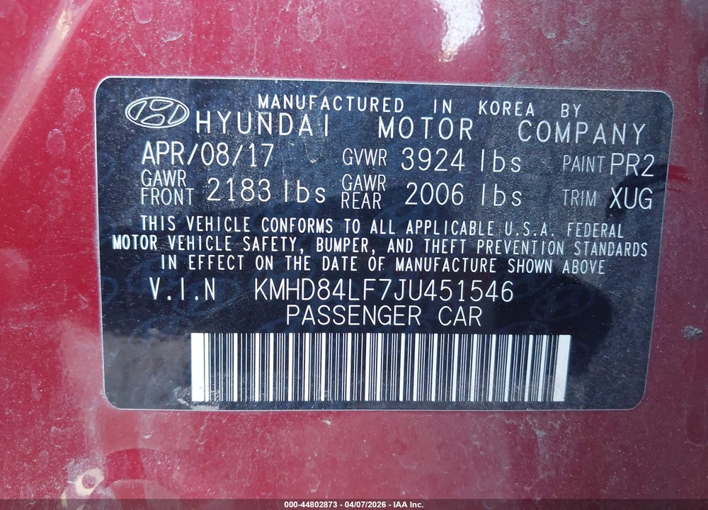 2018 HYUNDAI ELANTRA SEL VIN: KMHD84LF7JU451546