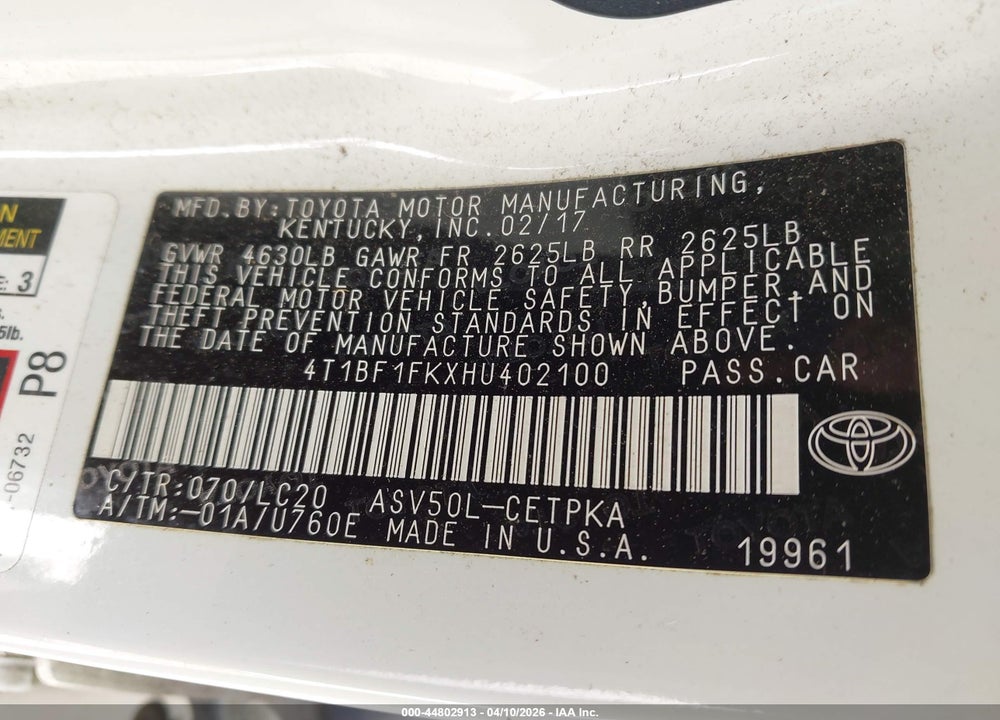 2017 TOYOTA CAMRY XSE VIN: 4T1BF1FKXHU402100