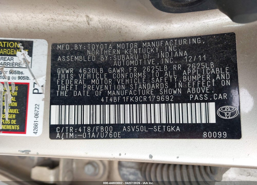 2012 TOYOTA CAMRY XLE VIN: 4T4BF1FK9CR179692