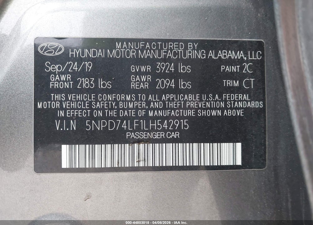 2020 HYUNDAI ELANTRA SE VIN: 5NPD74LF1LH542915