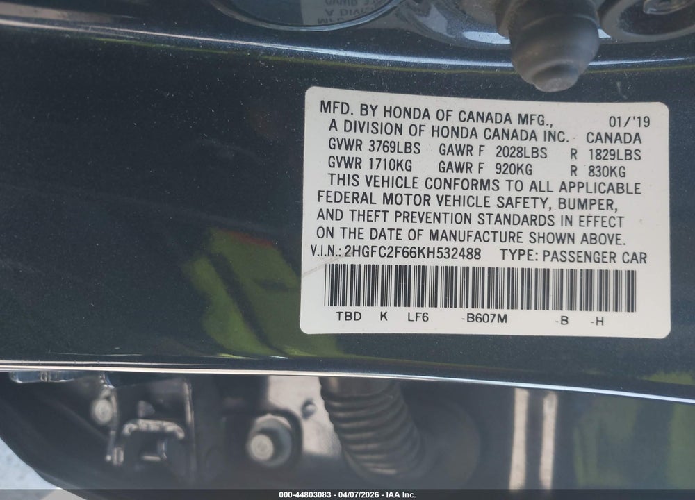 2019 HONDA CIVIC LX VIN: 2HGFC2F66KH532488