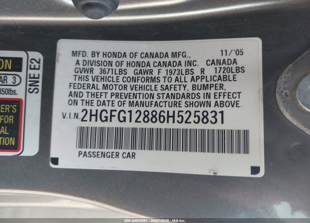 2006 HONDA CIVIC EX VIN: 2HGFG12886H525831