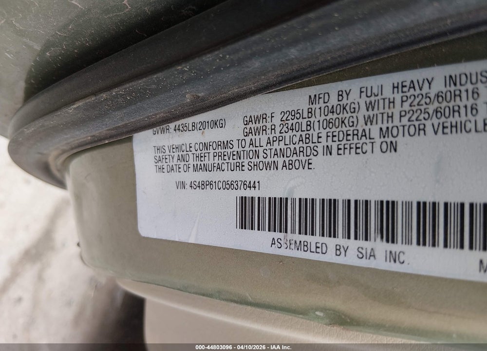 2005 SUBARU OUTBACK 2.5I VIN: 4S4BP61C056376441