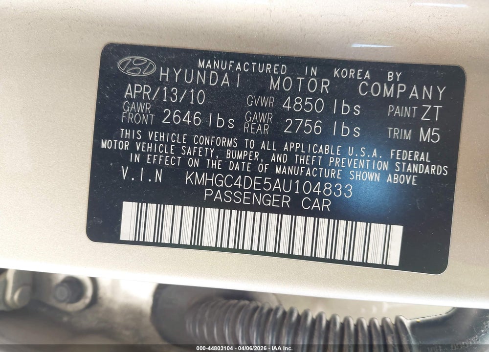 2010 HYUNDAI GENESIS 3.8 VIN: KMHGC4DE5AU104833