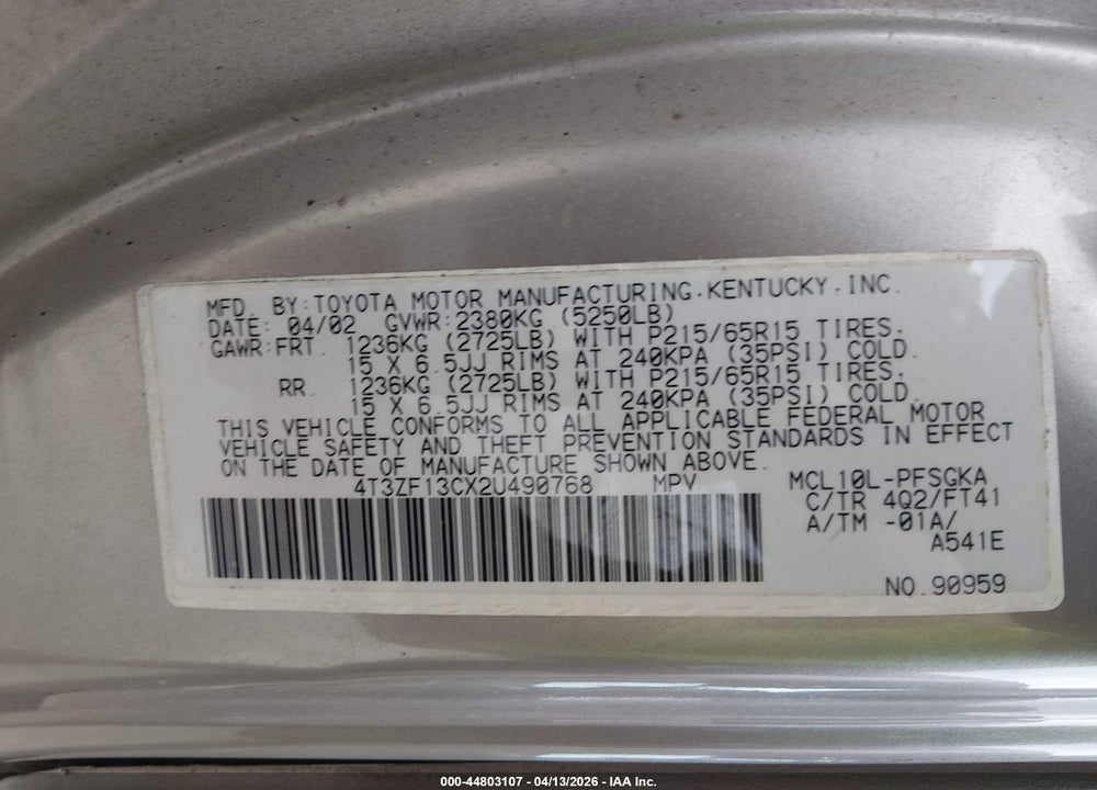 2002 TOYOTA SIENNA LE VIN: 4T3ZF13CX2U490768