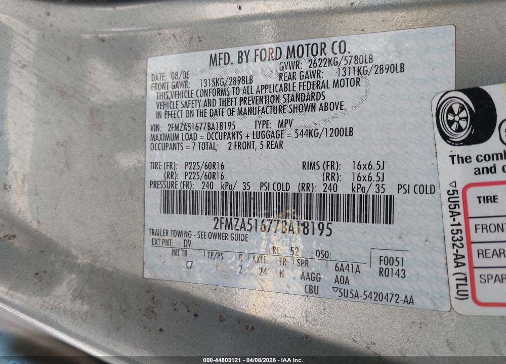2007 FORD FREESTAR SE VIN: 2FMZA51677BA18195