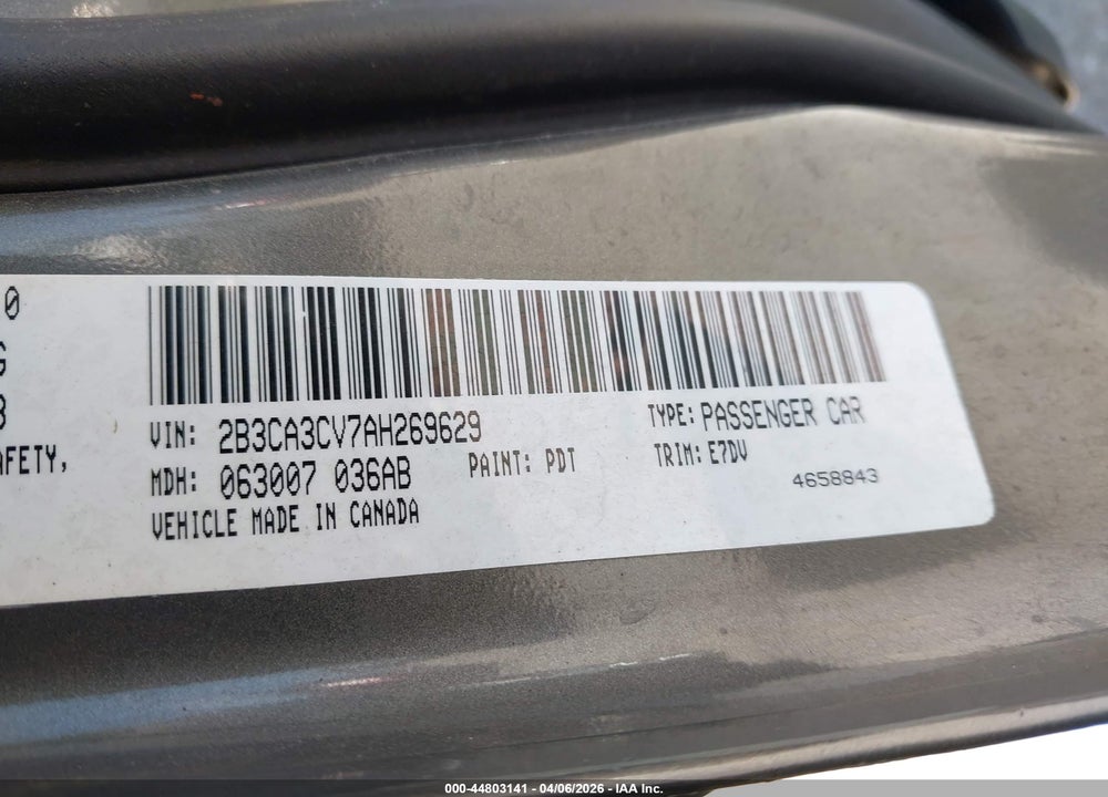 2010 DODGE CHARGER SXT VIN: 2B3CA3CV7AH269629