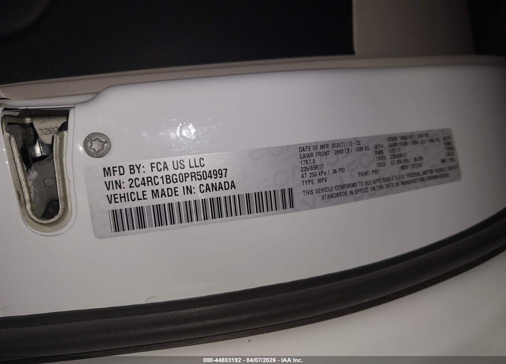 2023 CHRYSLER PACIFICA TOURING L VIN: 2C4RC1BG0PR504997