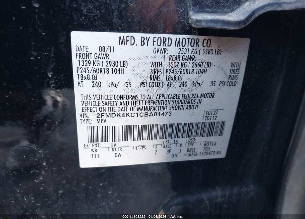 2012 FORD EDGE LIMITED VIN: 2FMDK4KC1CBA01473