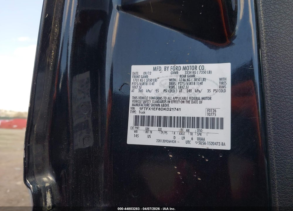 2013 FORD F-150 XLT VIN: 1FTFX1EF8DKD21741
