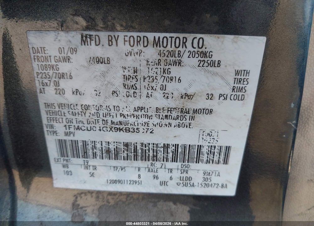 2009 FORD ESCAPE LIMITED VIN: 1FMCU04GX9KB35072