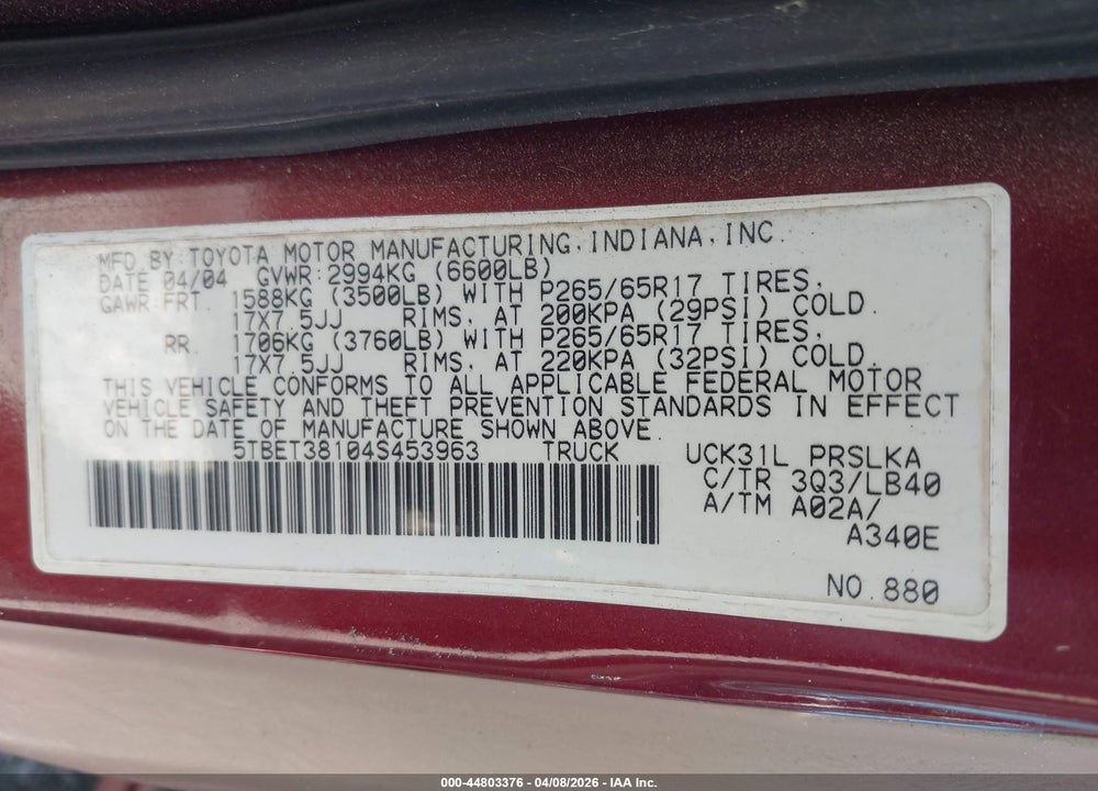 2004 TOYOTA TUNDRA LIMITED V8 VIN: 5TBET38104S453963