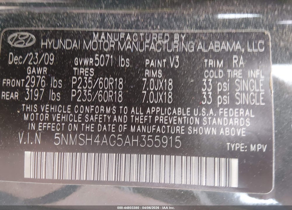 2010 HYUNDAI SANTA FE SE VIN: 5NMSH4AG5AH355915